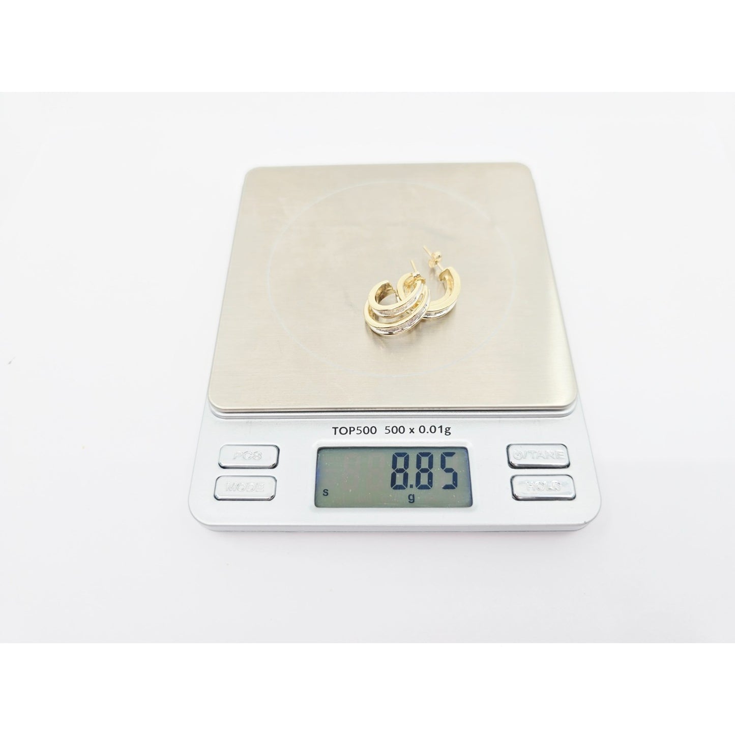 14K Yellow Gold Half Hoop Crescent Baguette Diamond Stud Earrings