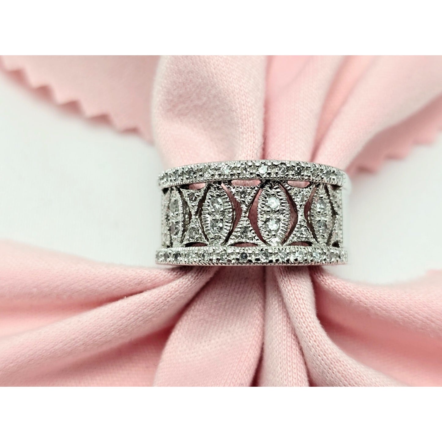 14K Karat White Gold Round Cut Diamond Wide Band Ring