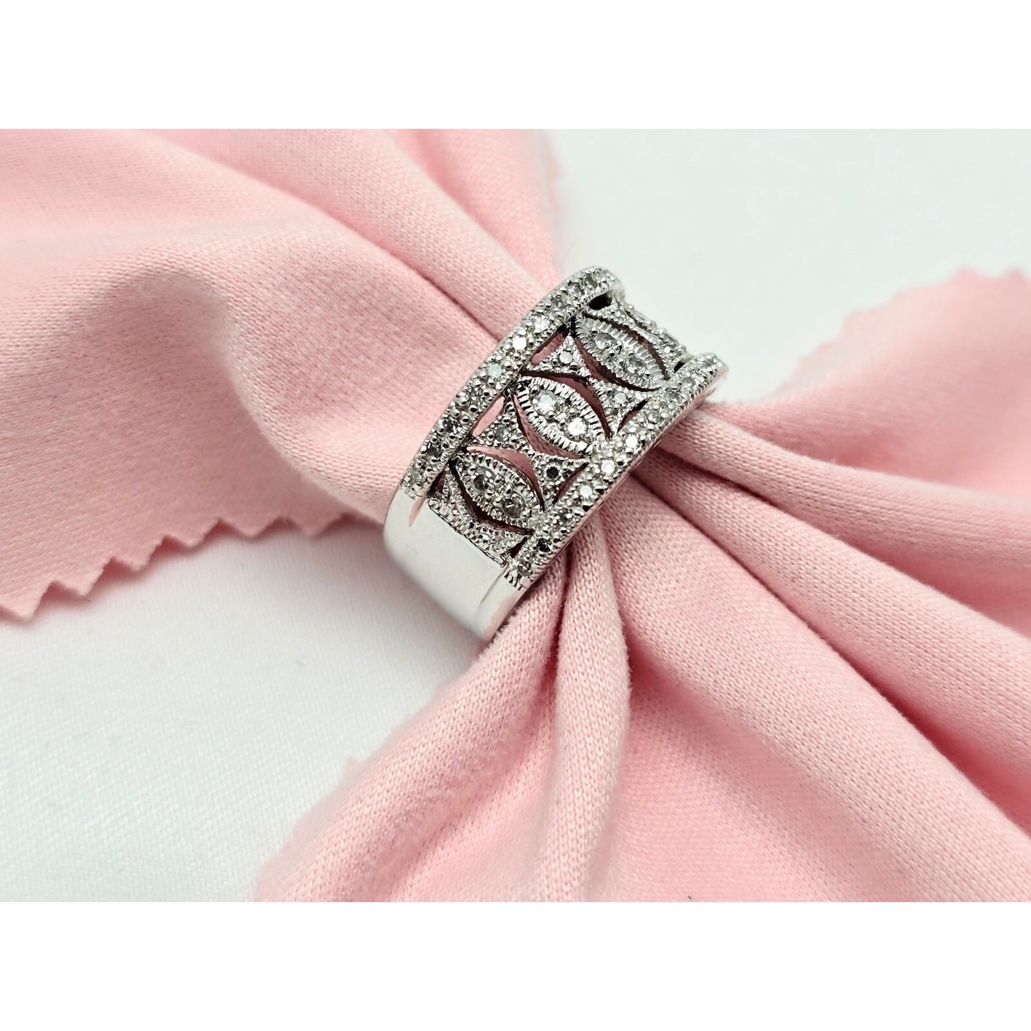 14K Karat White Gold Round Cut Diamond Wide Band Ring