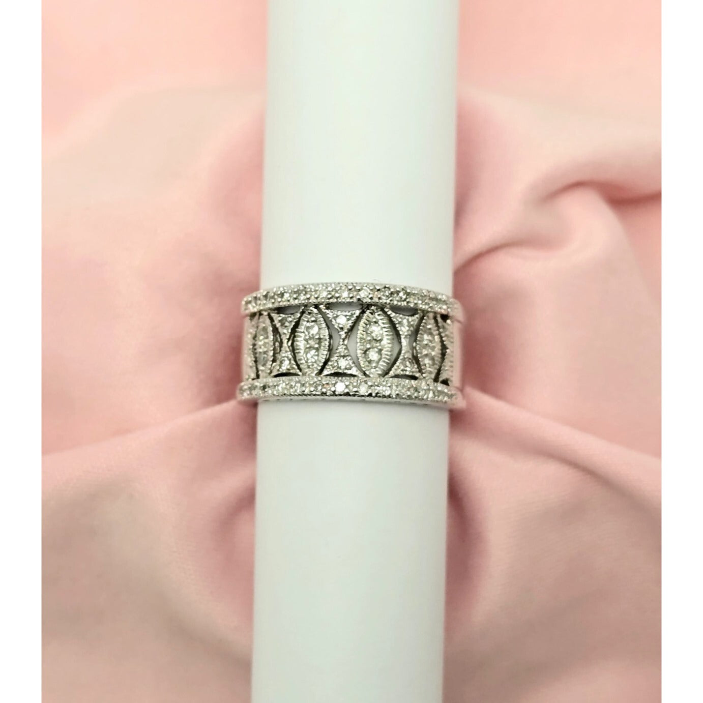 14K Karat White Gold Round Cut Diamond Wide Band Ring