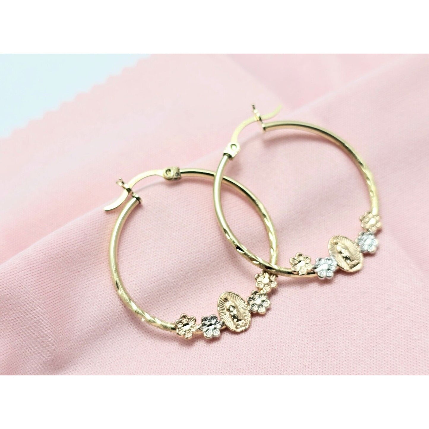 14K Tri Tone Gold Saint Mary Hoop Earrings