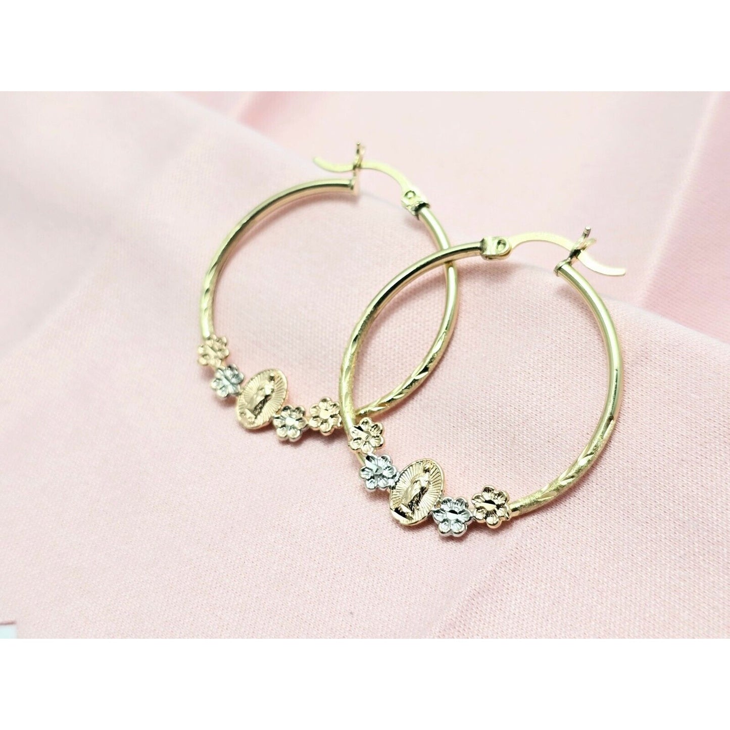 14K Tri Tone Gold Saint Mary Hoop Earrings