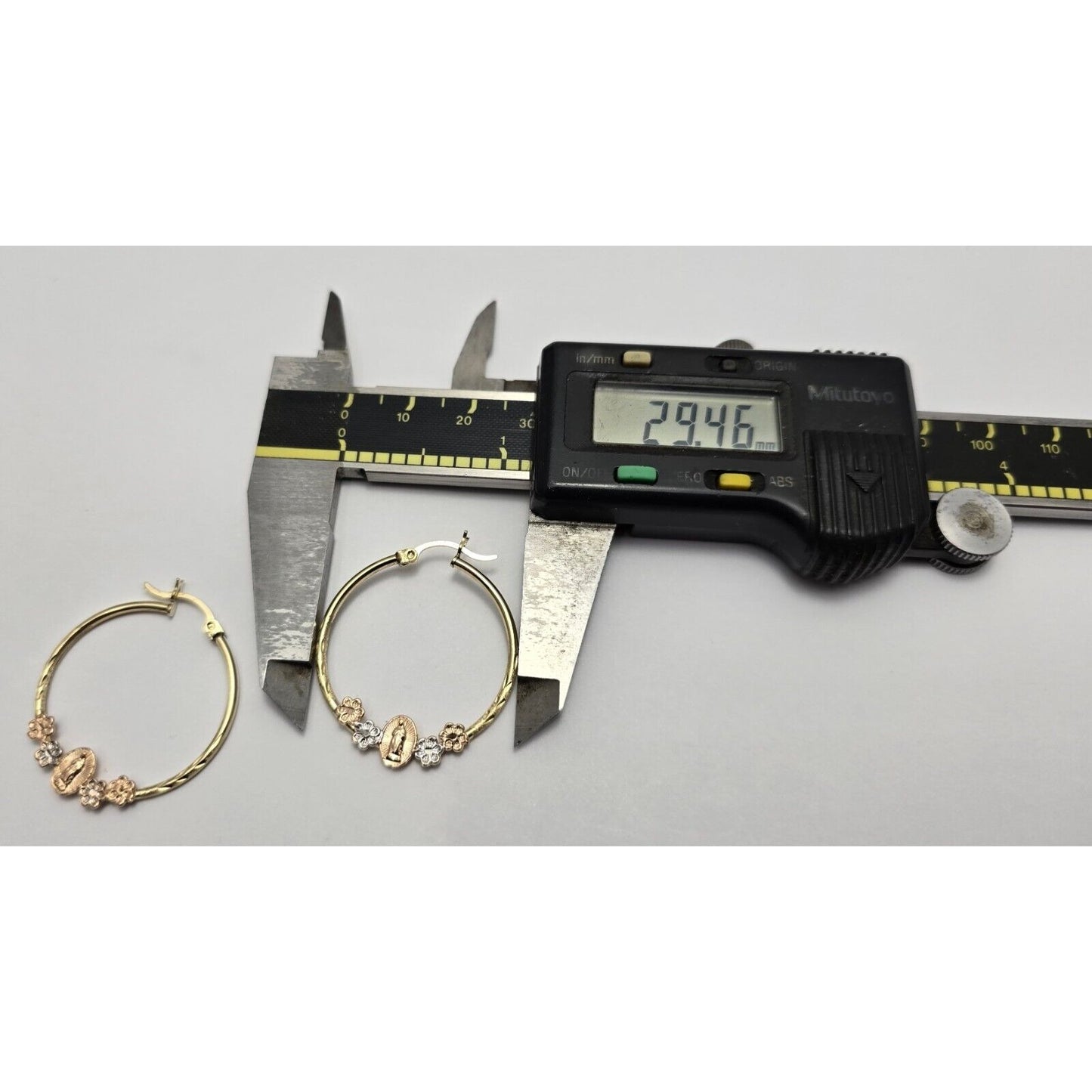 14K Tri Tone Gold Saint Mary Hoop Earrings