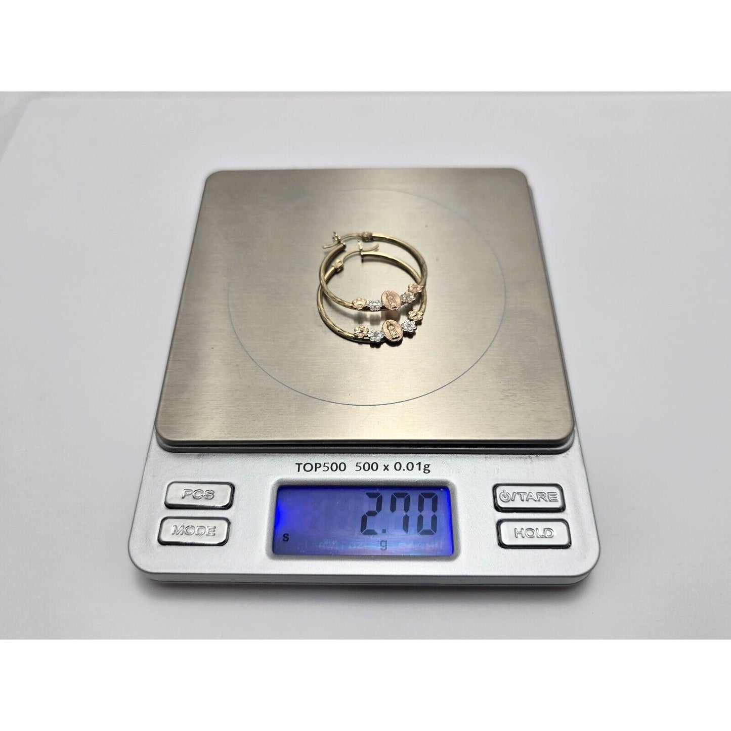 14K Tri Tone Gold Saint Mary Hoop Earrings