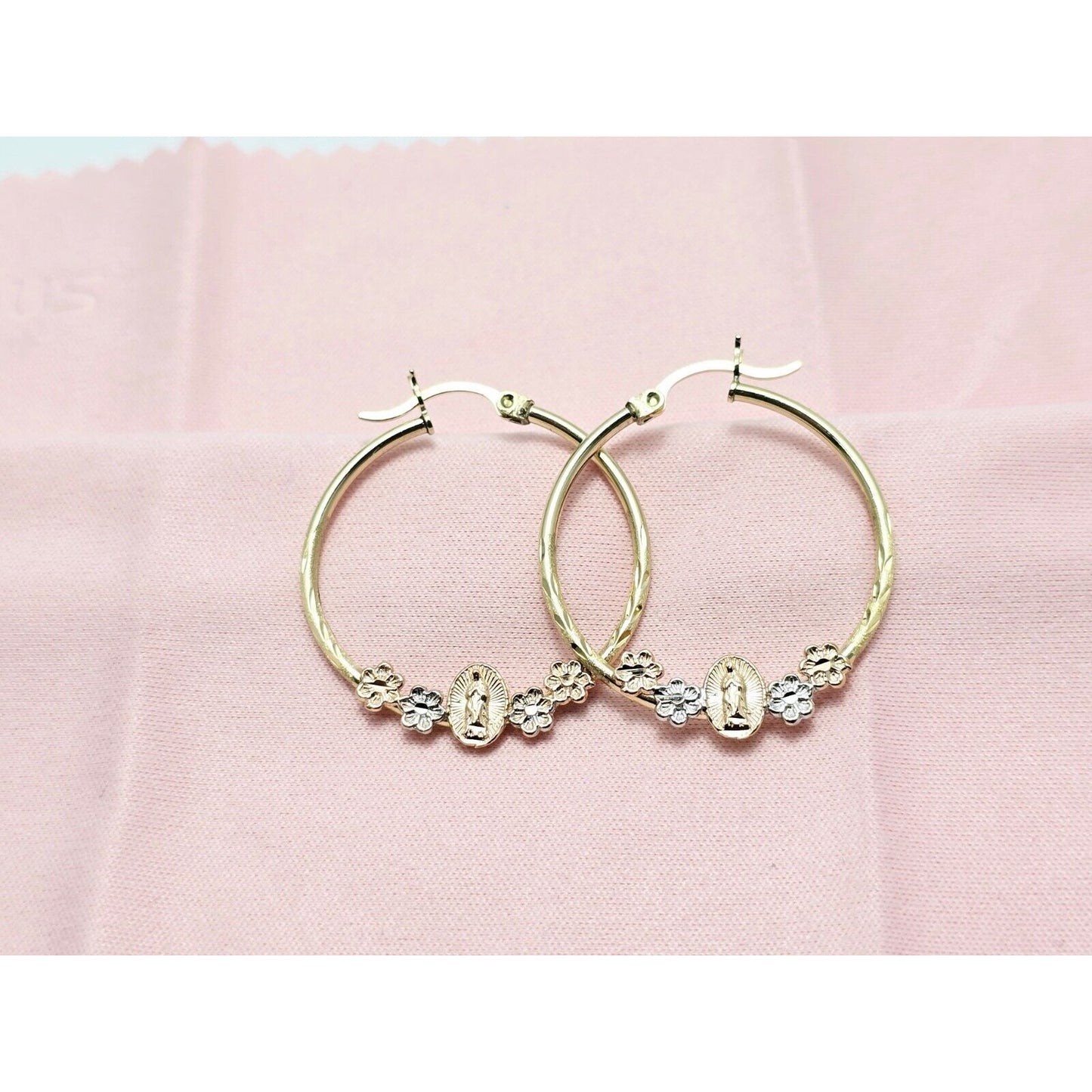 14K Tri Tone Gold Saint Mary Hoop Earrings
