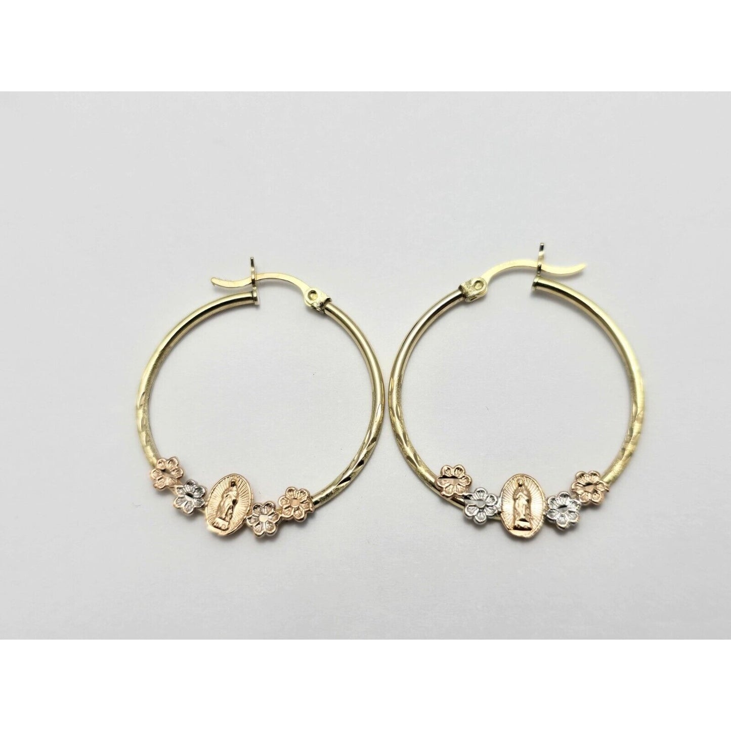 14K Tri Tone Gold Saint Mary Hoop Earrings