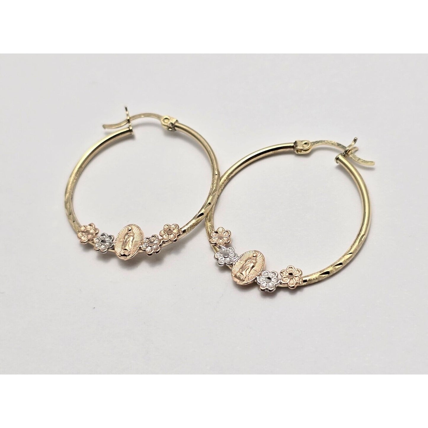 14K Tri Tone Gold Saint Mary Hoop Earrings