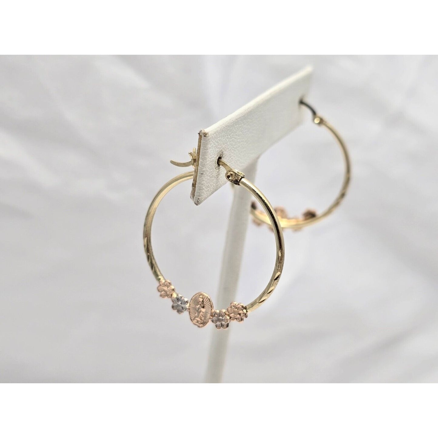 14K Tri Tone Gold Saint Mary Hoop Earrings