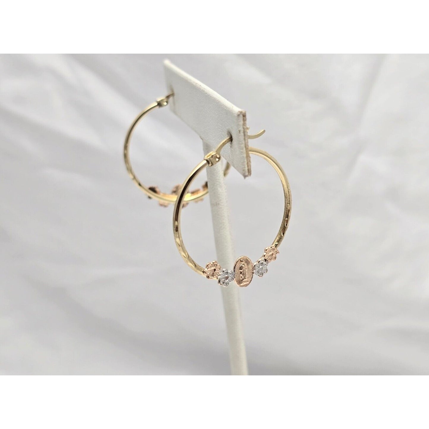 14K Tri Tone Gold Saint Mary Hoop Earrings