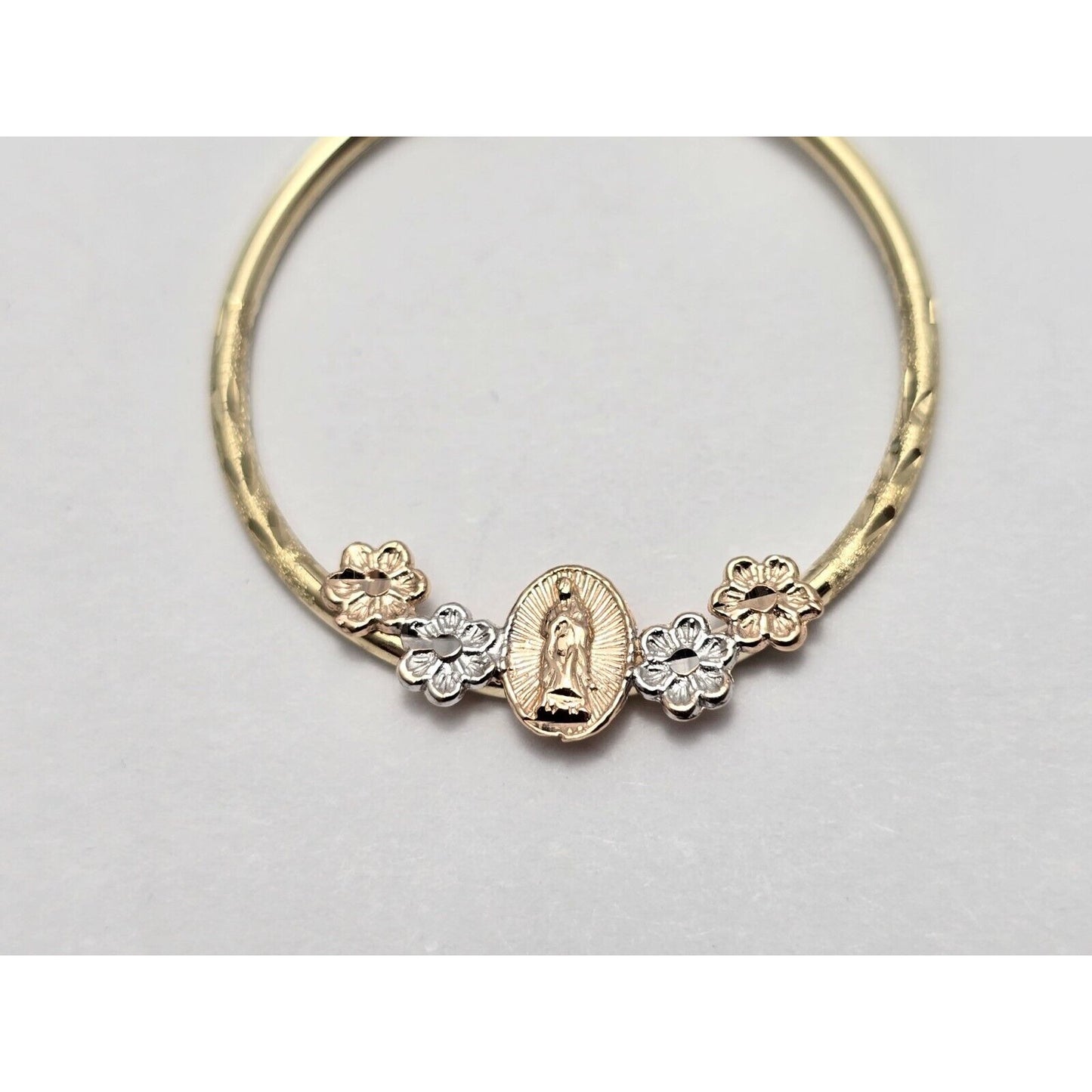 14K Tri Tone Gold Saint Mary Hoop Earrings