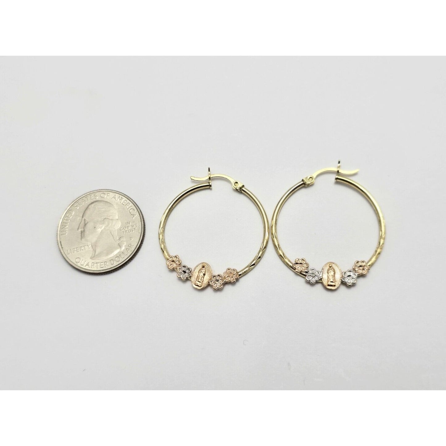 14K Tri Tone Gold Saint Mary Hoop Earrings