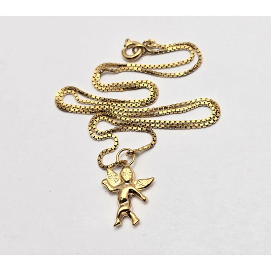 18K Yellow Gold Box Link Chain Necklace & Baby Angel Charm Pendant