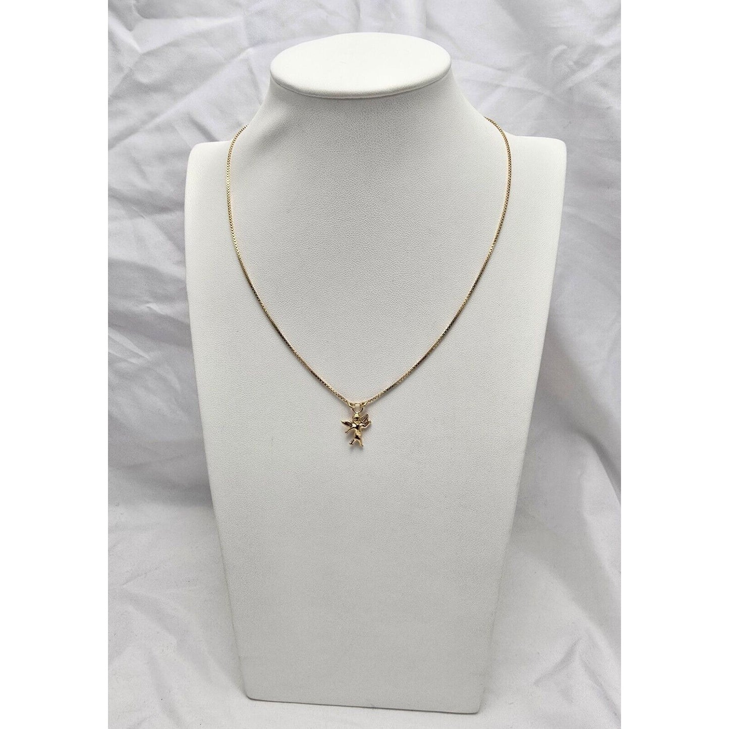 18K Yellow Gold Box Link Chain Necklace & Baby Angel Charm Pendant