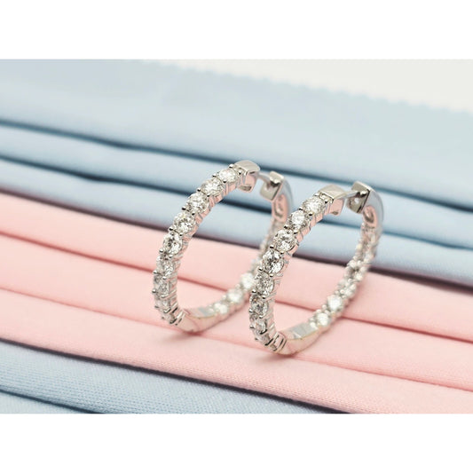 14K White Gold Double Diamond Round Hoop Earrings