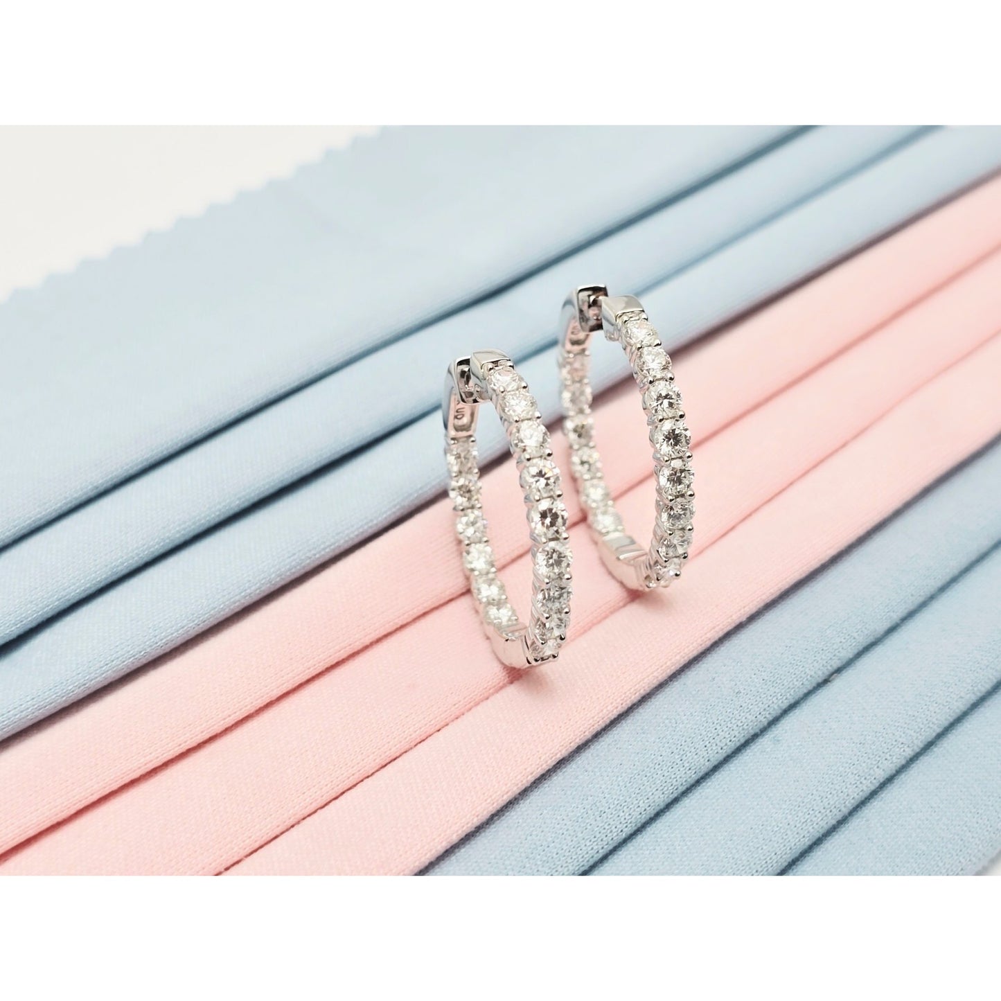14K White Gold Double Diamond Round Hoop Earrings