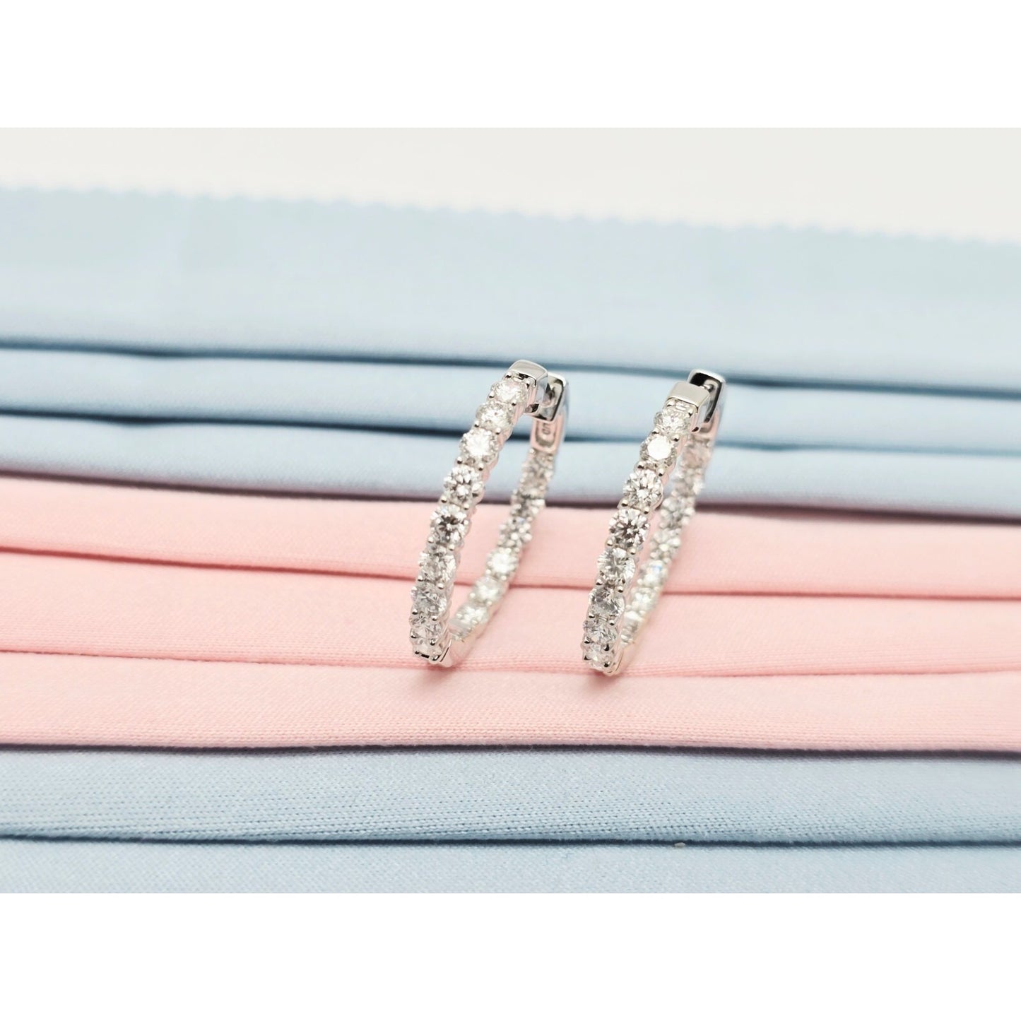 14K White Gold Double Diamond Round Hoop Earrings