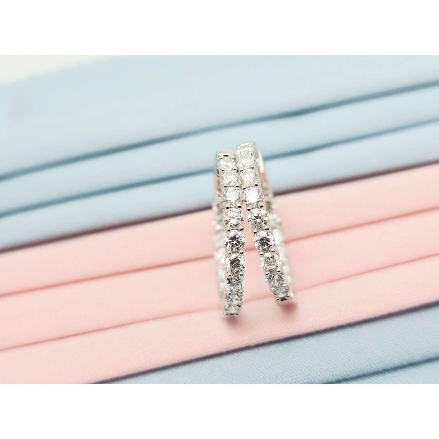 14K White Gold Double Diamond Round Hoop Earrings