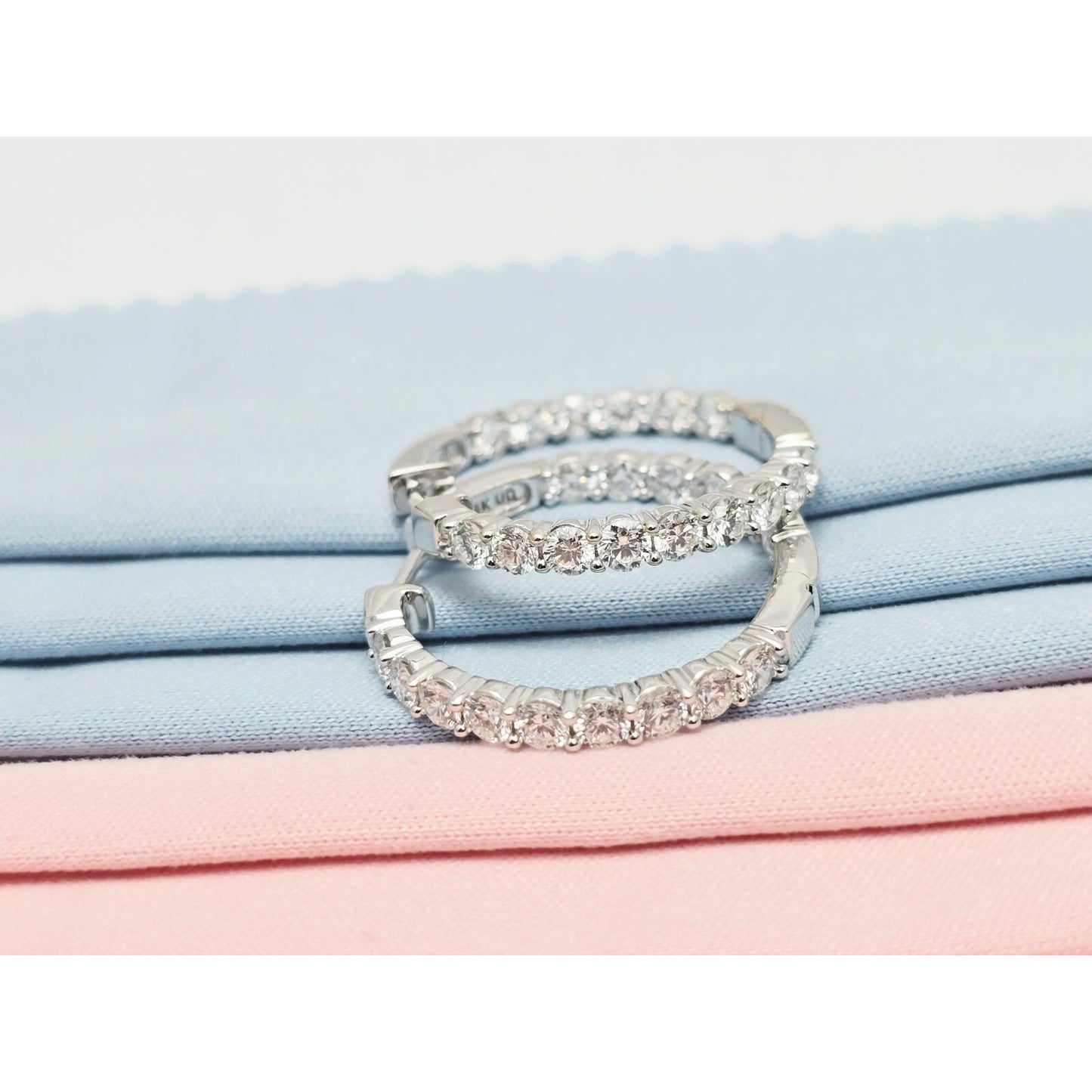 14K White Gold Double Diamond Round Hoop Earrings