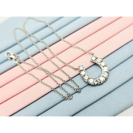 14K White Gold Cable Link Chain Necklace & Diamond Horseshoe Charm Pendant