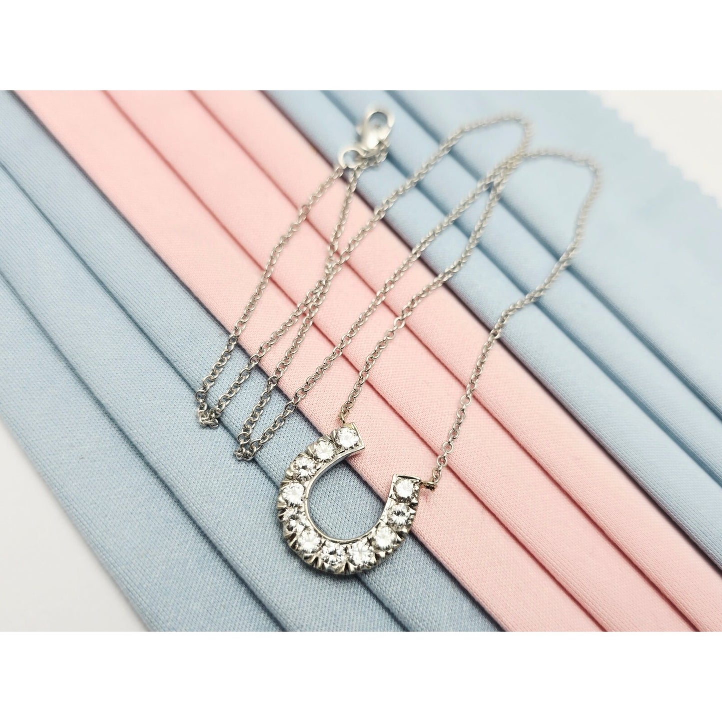 14K White Gold Cable Link Chain Necklace & Diamond Horseshoe Charm Pendant