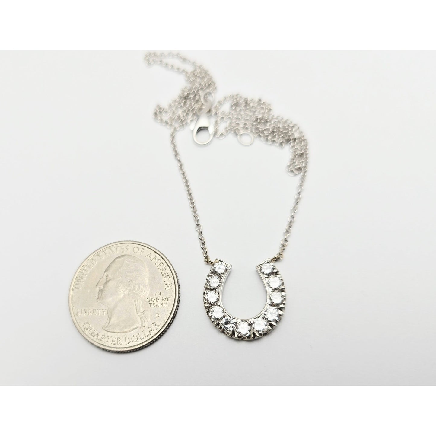 14K White Gold Cable Link Chain Necklace & Diamond Horseshoe Charm Pendant