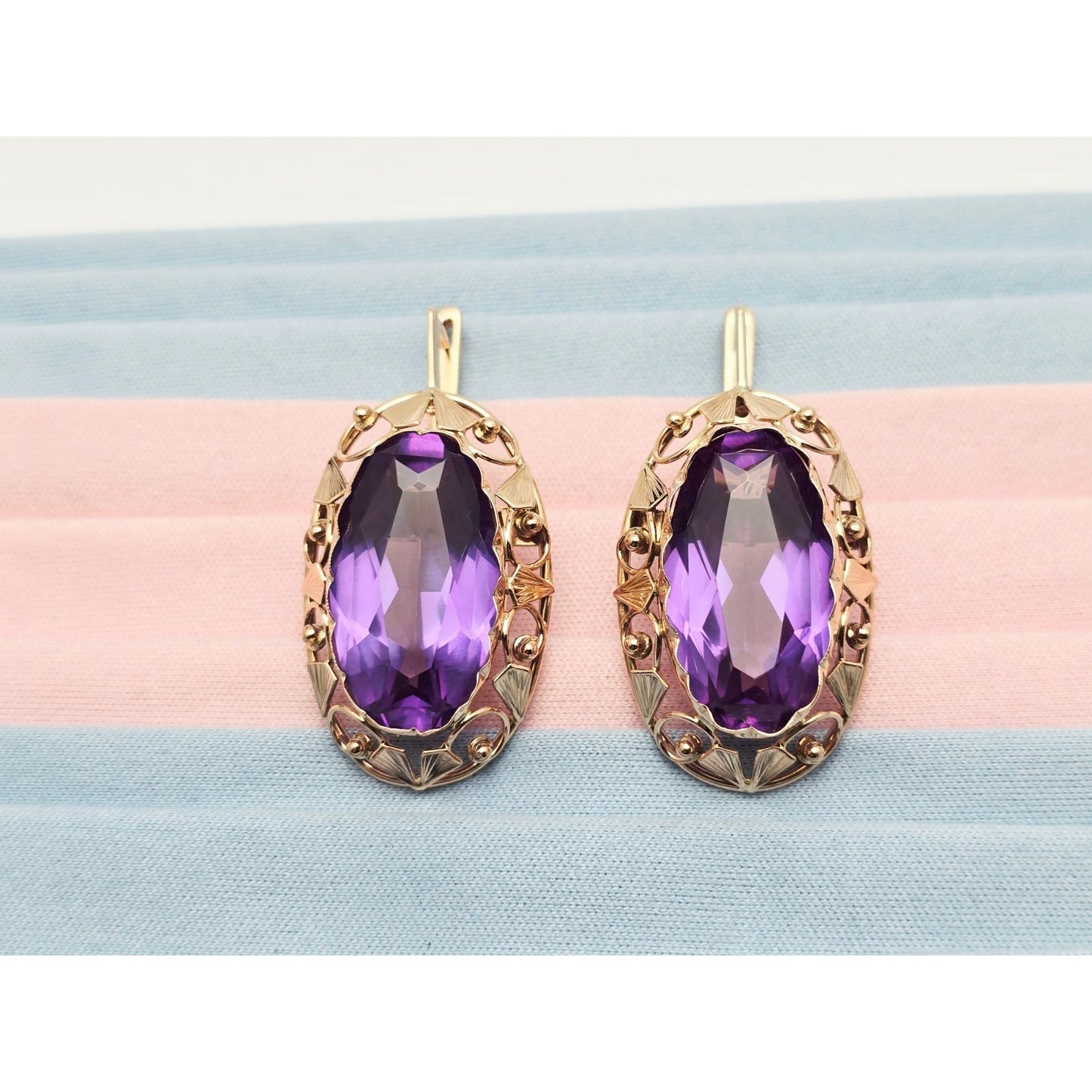 Vintage 14K Rose Gold Amethyst Latch Back Hinge Earrings