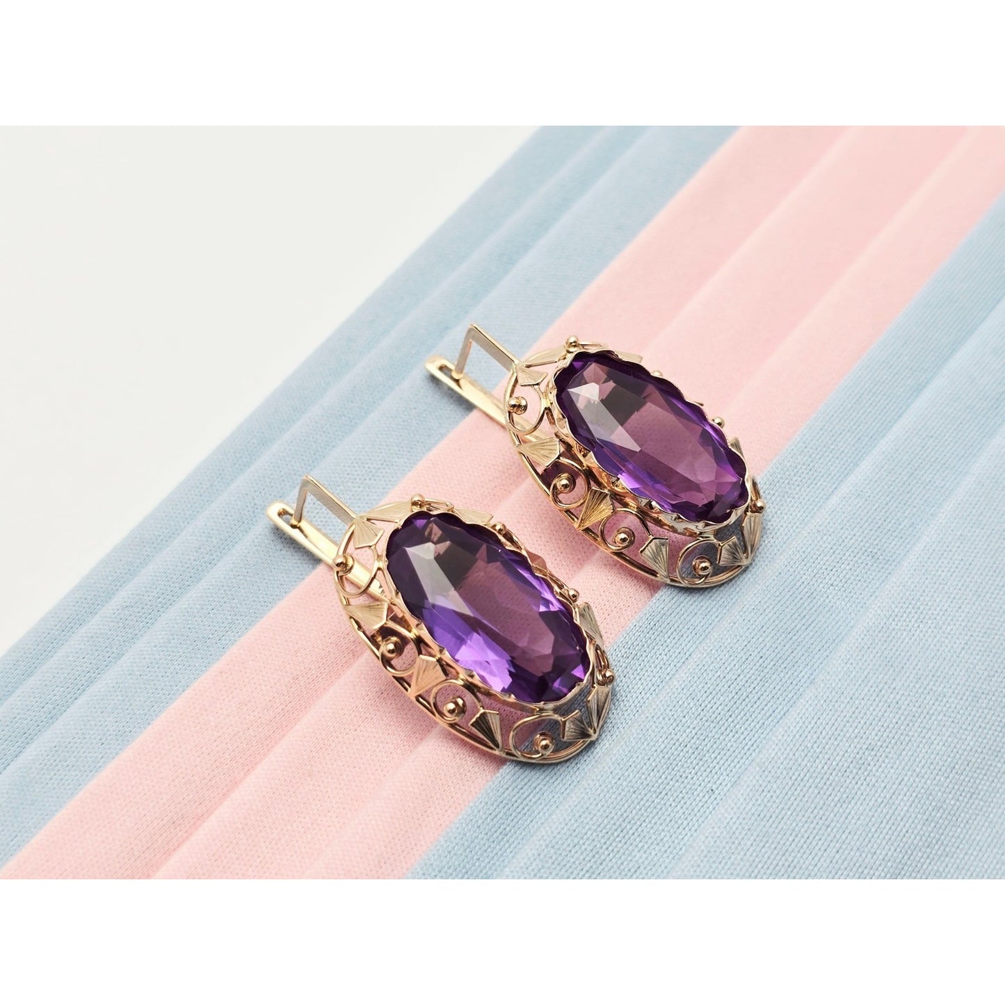 Vintage 14K Rose Gold Amethyst Latch Back Hinge Earrings