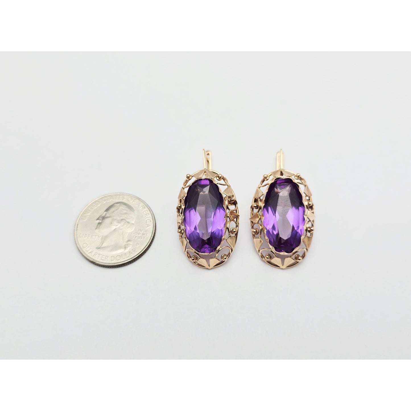 Vintage 14K Rose Gold Amethyst Latch Back Hinge Earrings