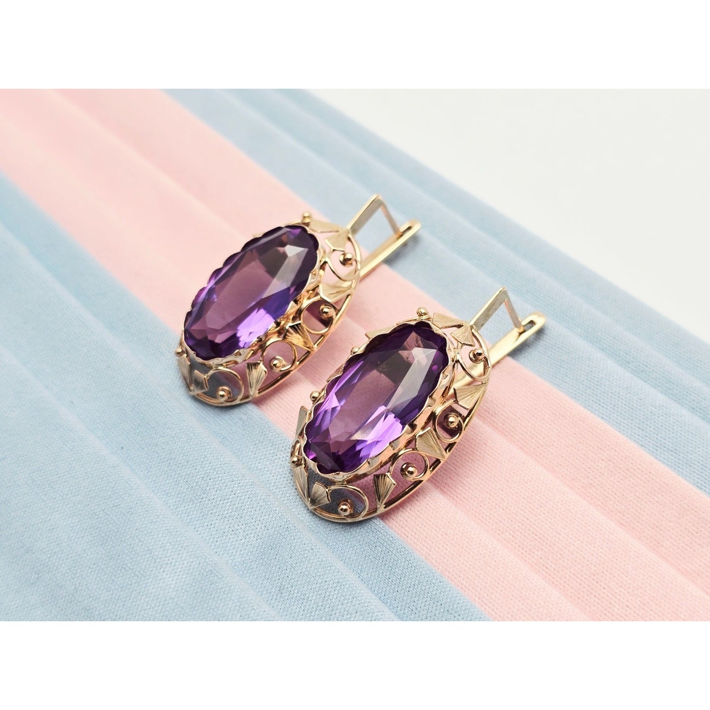 Vintage 14K Rose Gold Amethyst Latch Back Hinge Earrings
