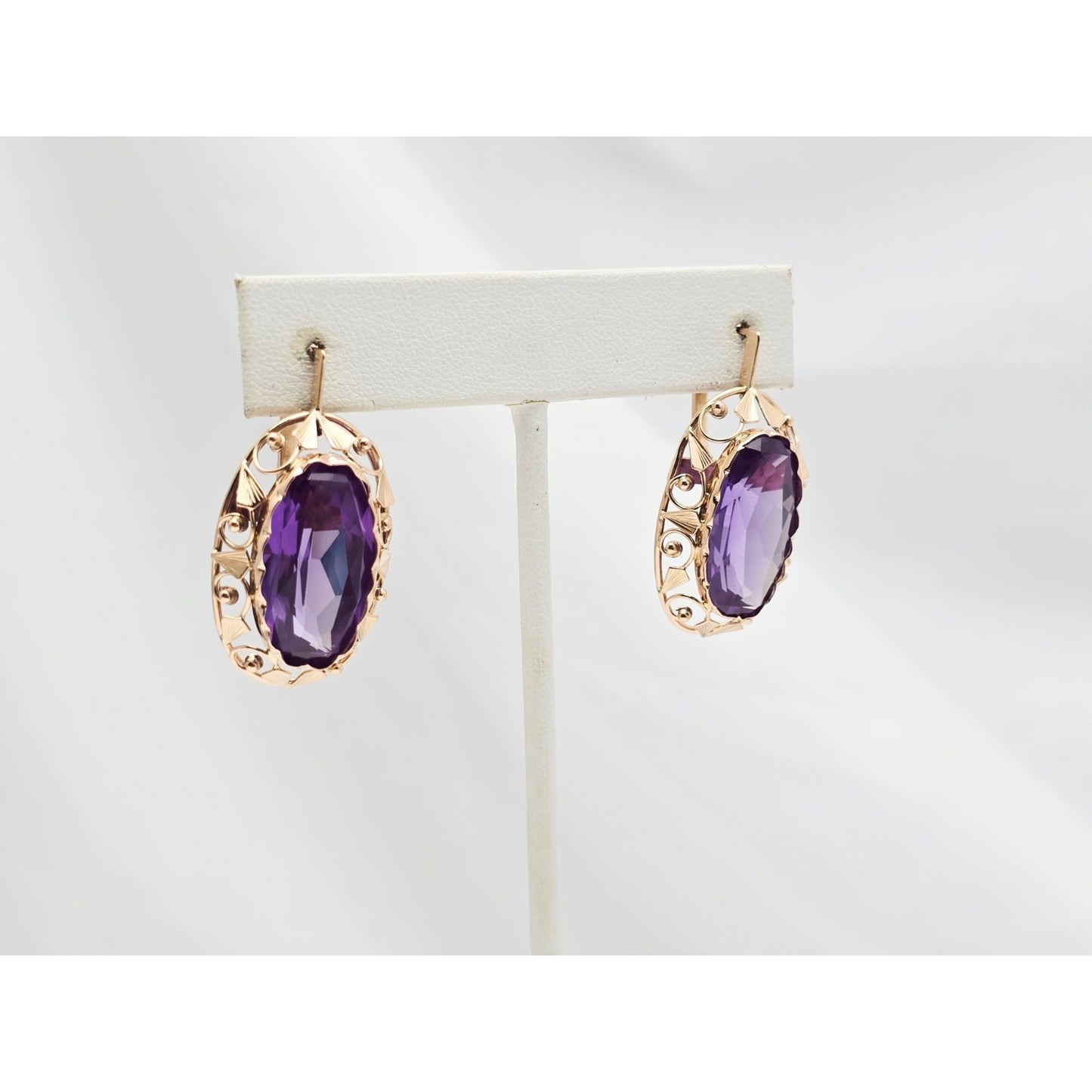 Vintage 14K Rose Gold Amethyst Latch Back Hinge Earrings