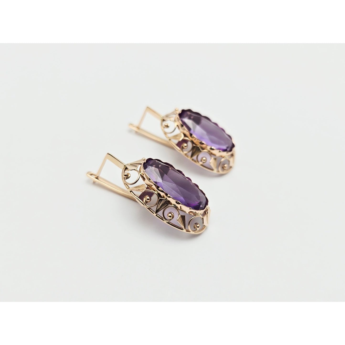 Vintage 14K Rose Gold Amethyst Latch Back Hinge Earrings
