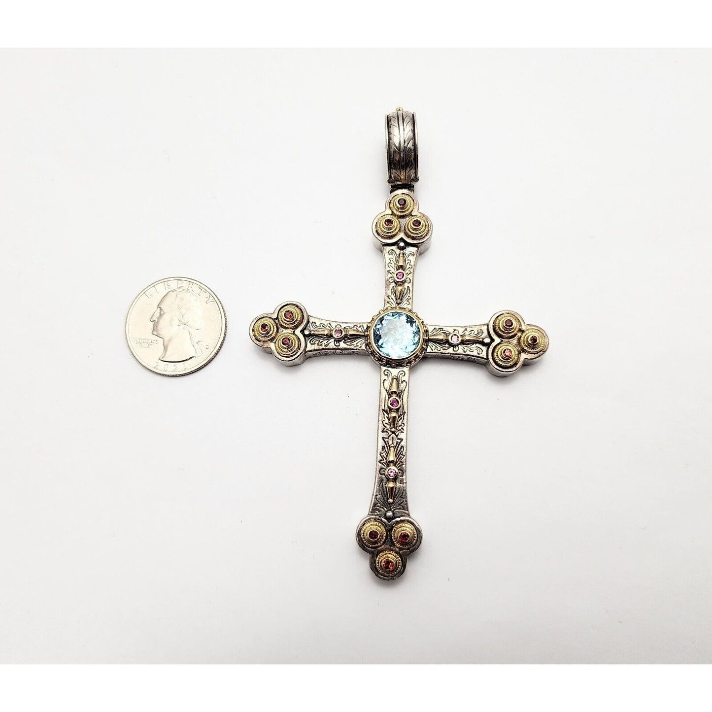 Konstantino 18K Gold Sterling Silver Garnet Tourmaline Topaz Cross Charm Pendant