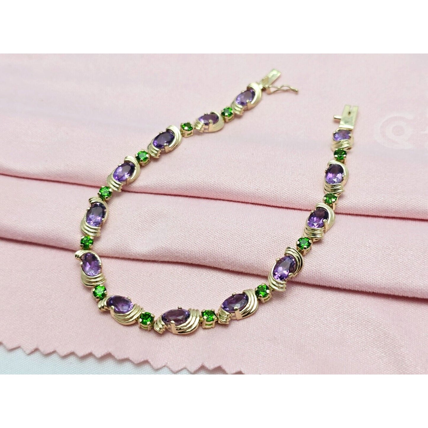 14K Yellow Gold Amethyst & Emerald Tennis Link Bracelet