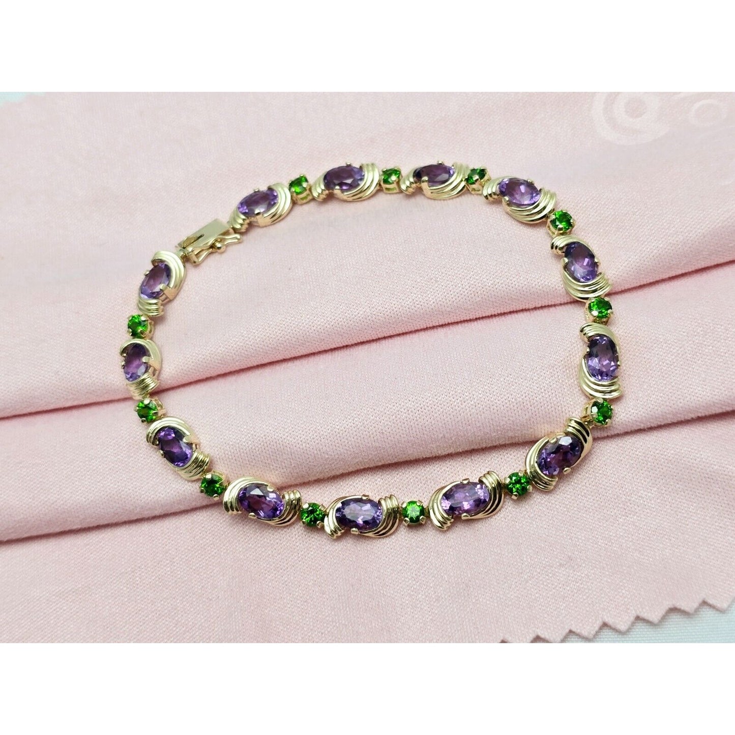 14K Yellow Gold Amethyst & Emerald Tennis Link Bracelet