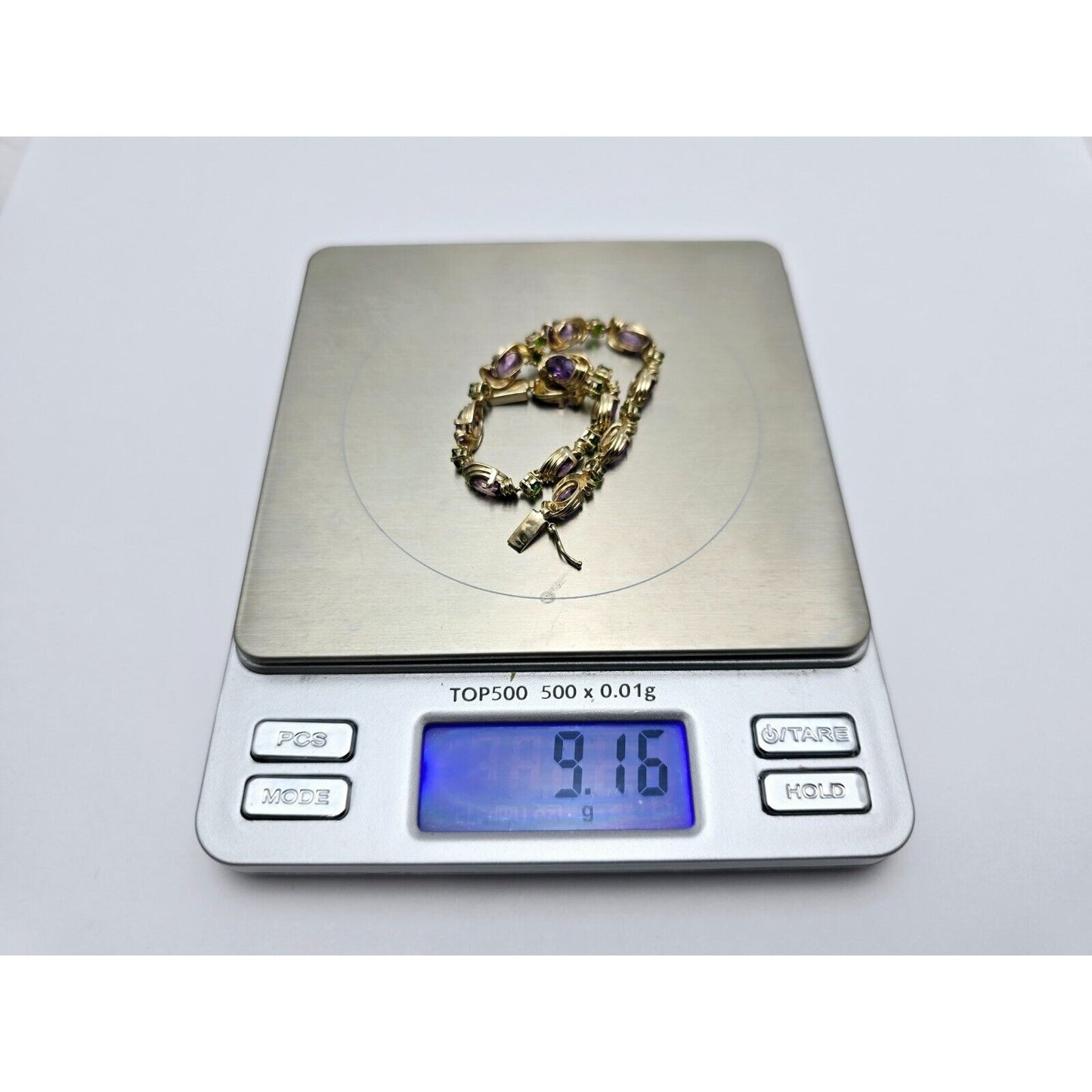 14K Yellow Gold Amethyst & Emerald Tennis Link Bracelet