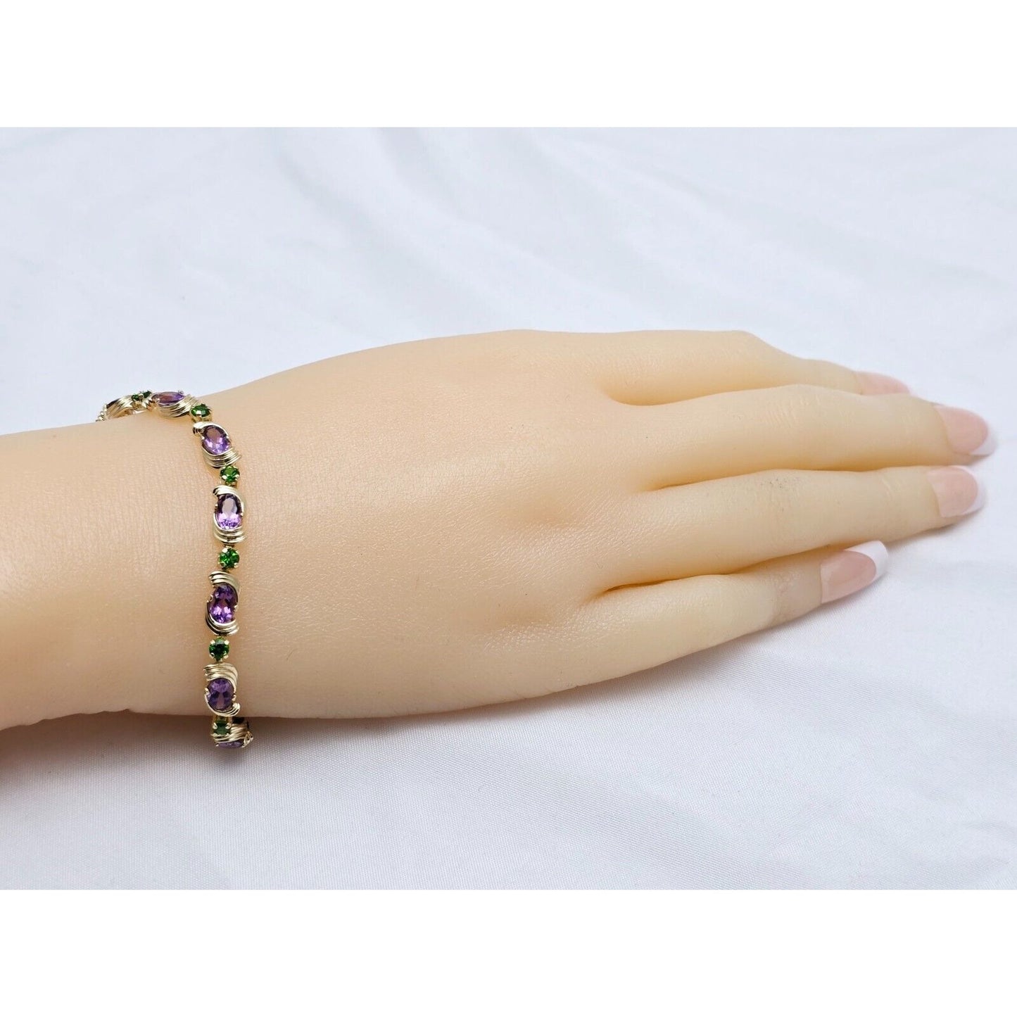 14K Yellow Gold Amethyst & Emerald Tennis Link Bracelet