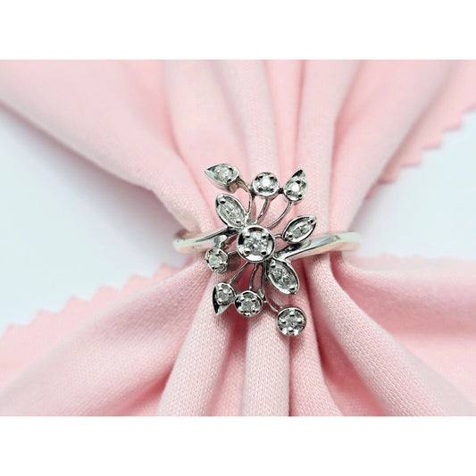 10K White Gold Flower Leaves Cocktail Diamond Ring