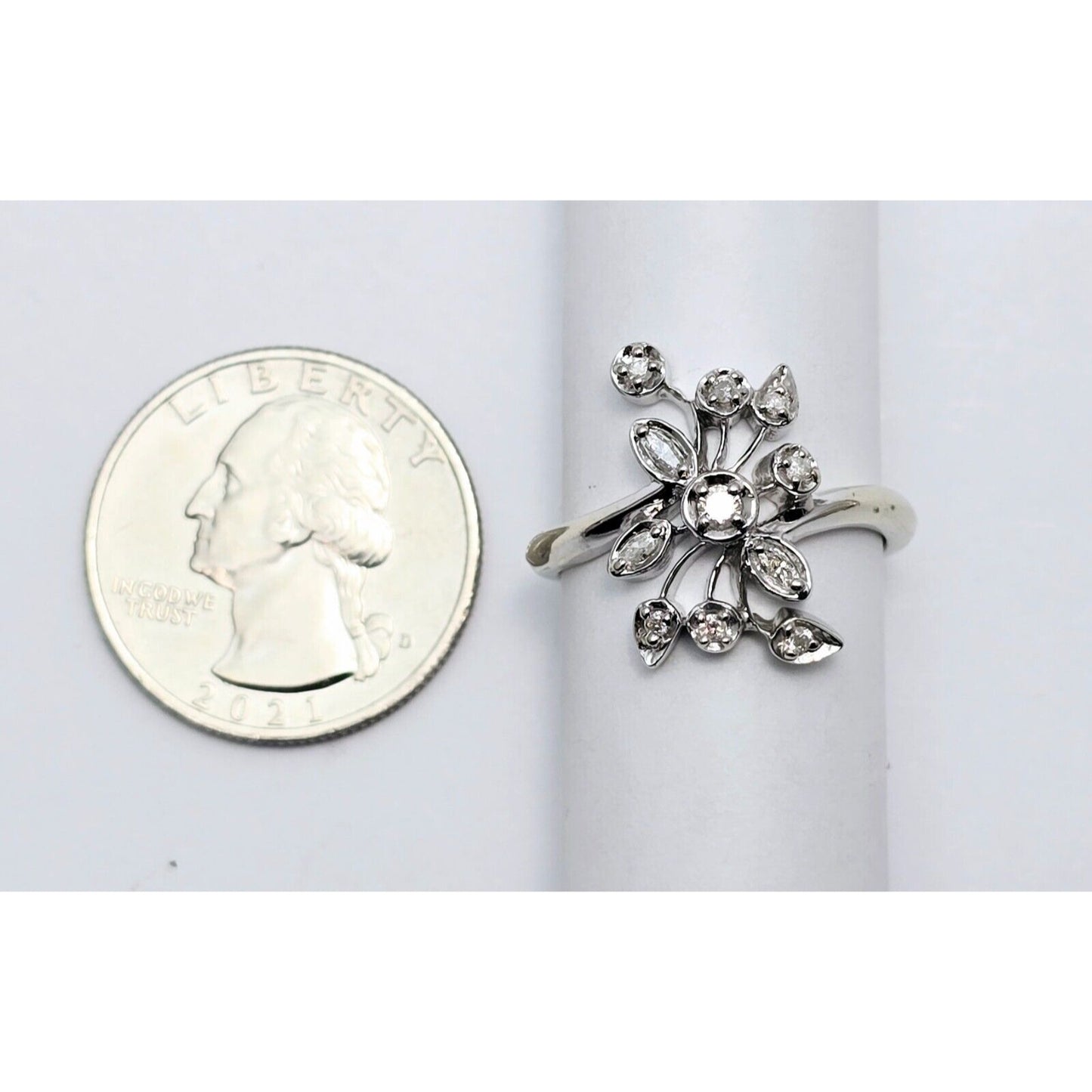 10K White Gold Flower Leaves Cocktail Diamond Ring