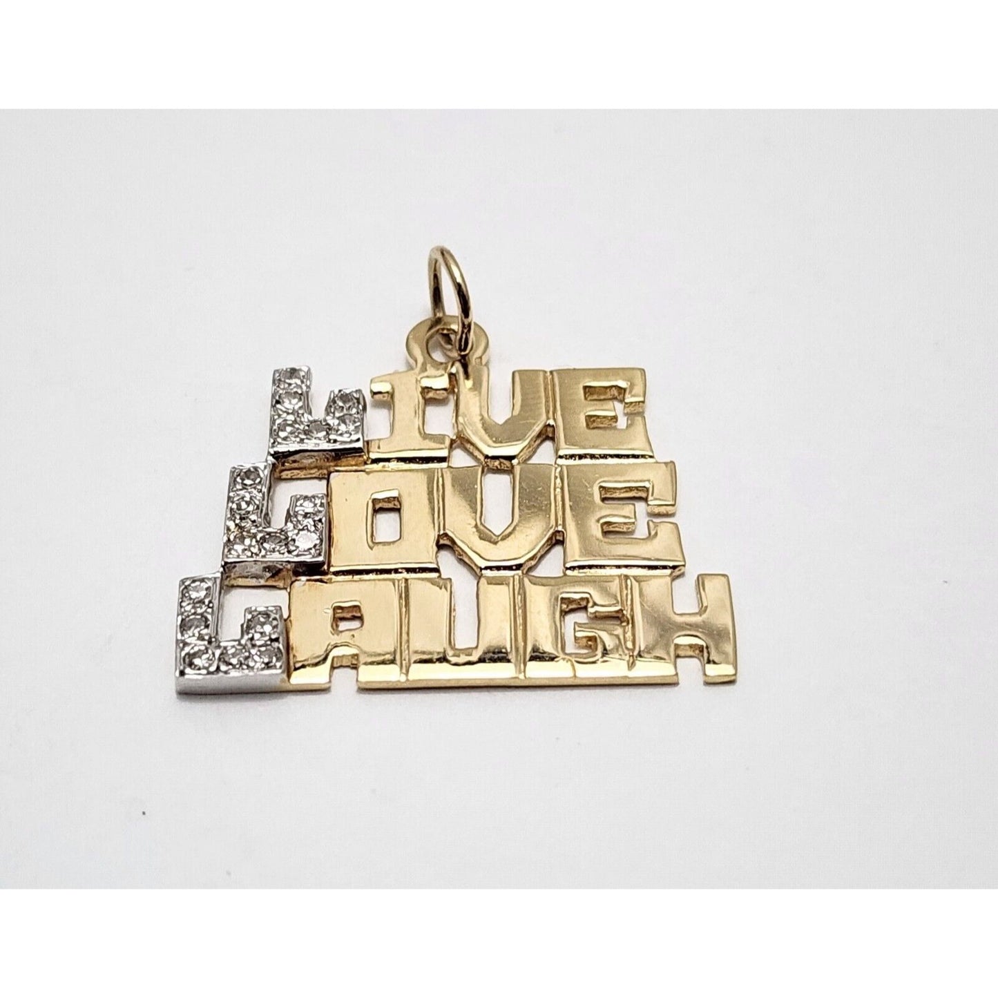 14K Two Tone Gold " LIVE LOVE LAUGH " Diamond Charm Pendant