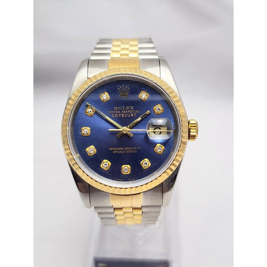 1990 Rolex Datejust 36mm 16233 Navy Blue Diamond Dial Two Tone Jubilee Watch