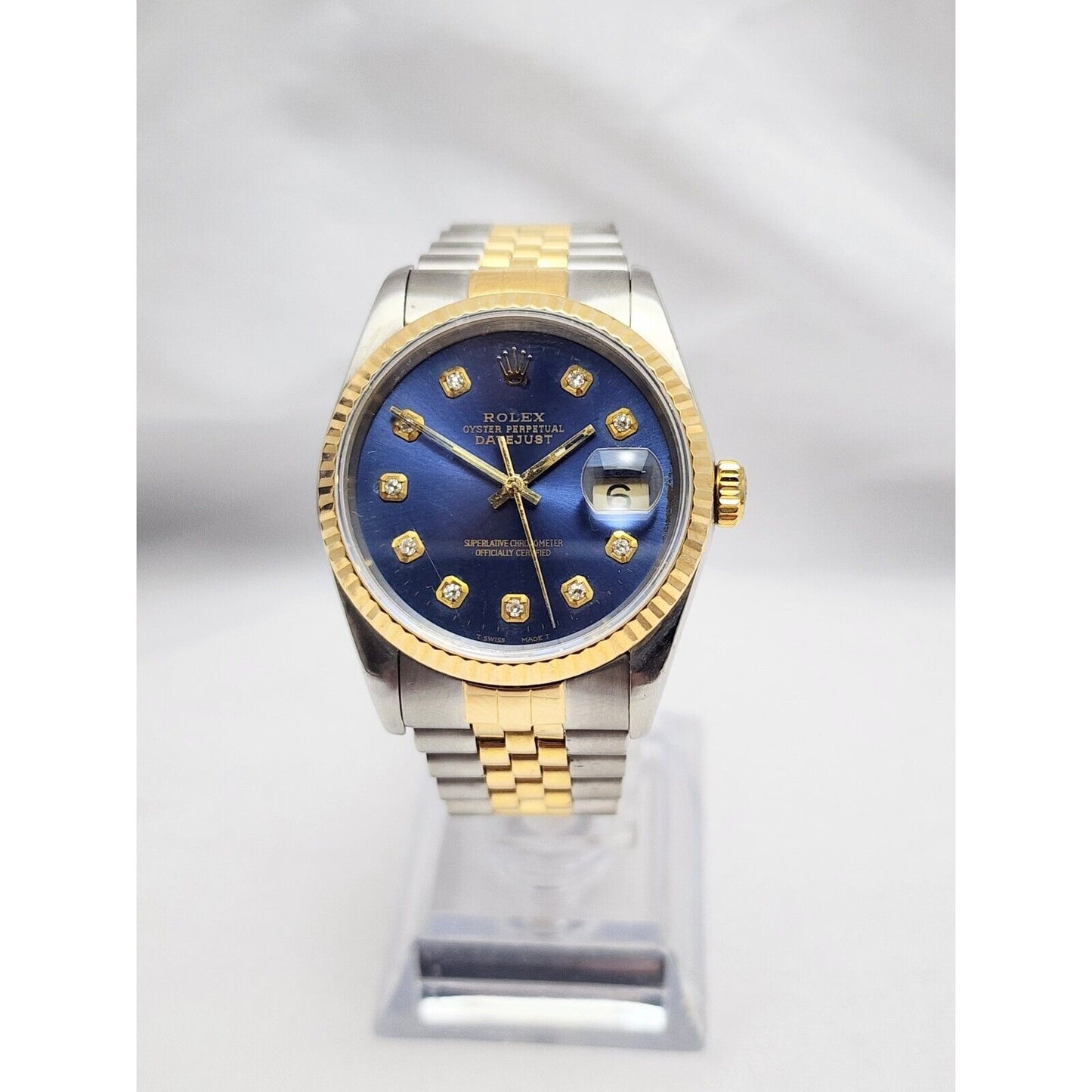 1990 Rolex Datejust 36mm 16233 Navy Blue Diamond Dial Two Tone Jubilee Watch