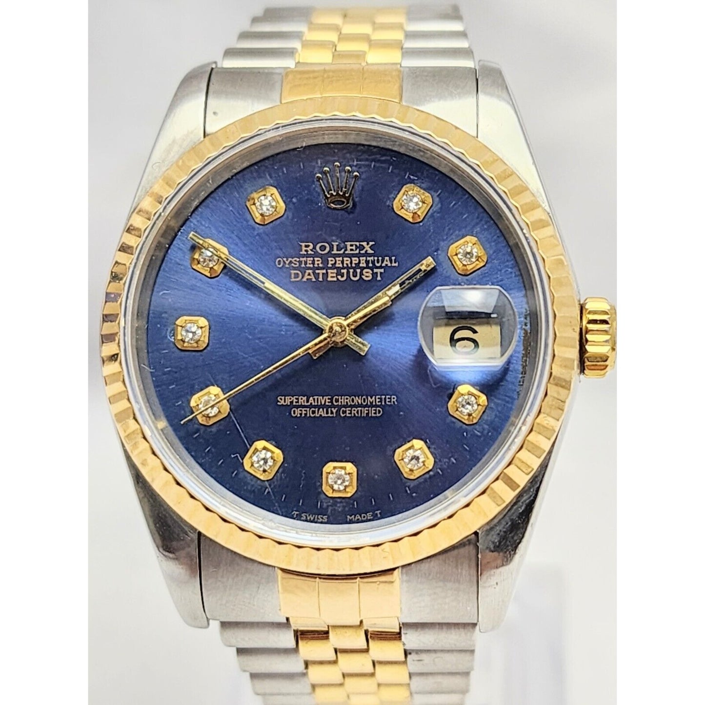 1990 Rolex Datejust 36mm 16233 Navy Blue Diamond Dial Two Tone Jubilee Watch