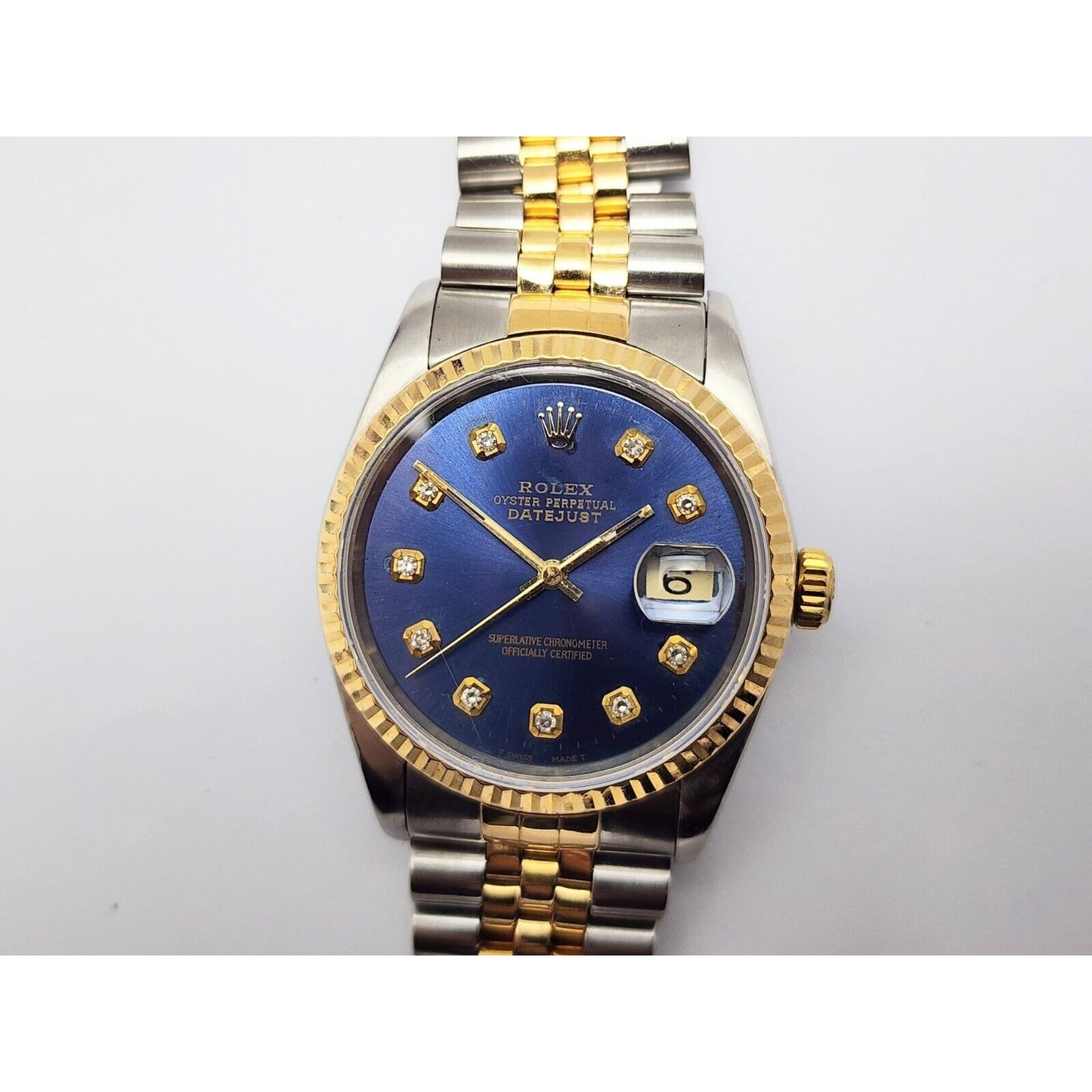 1990 Rolex Datejust 36mm 16233 Navy Blue Diamond Dial Two Tone Jubilee Watch