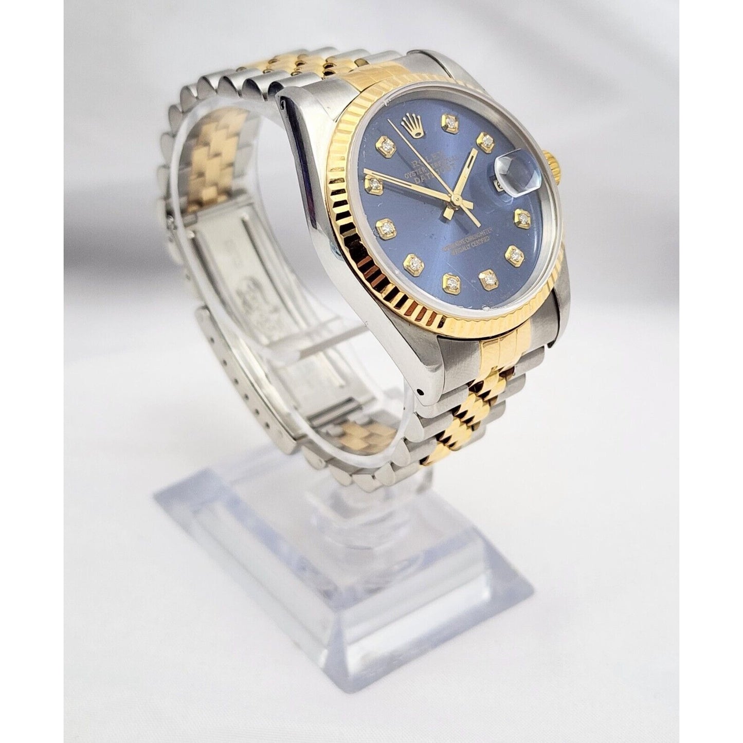 1990 Rolex Datejust 36mm 16233 Navy Blue Diamond Dial Two Tone Jubilee Watch