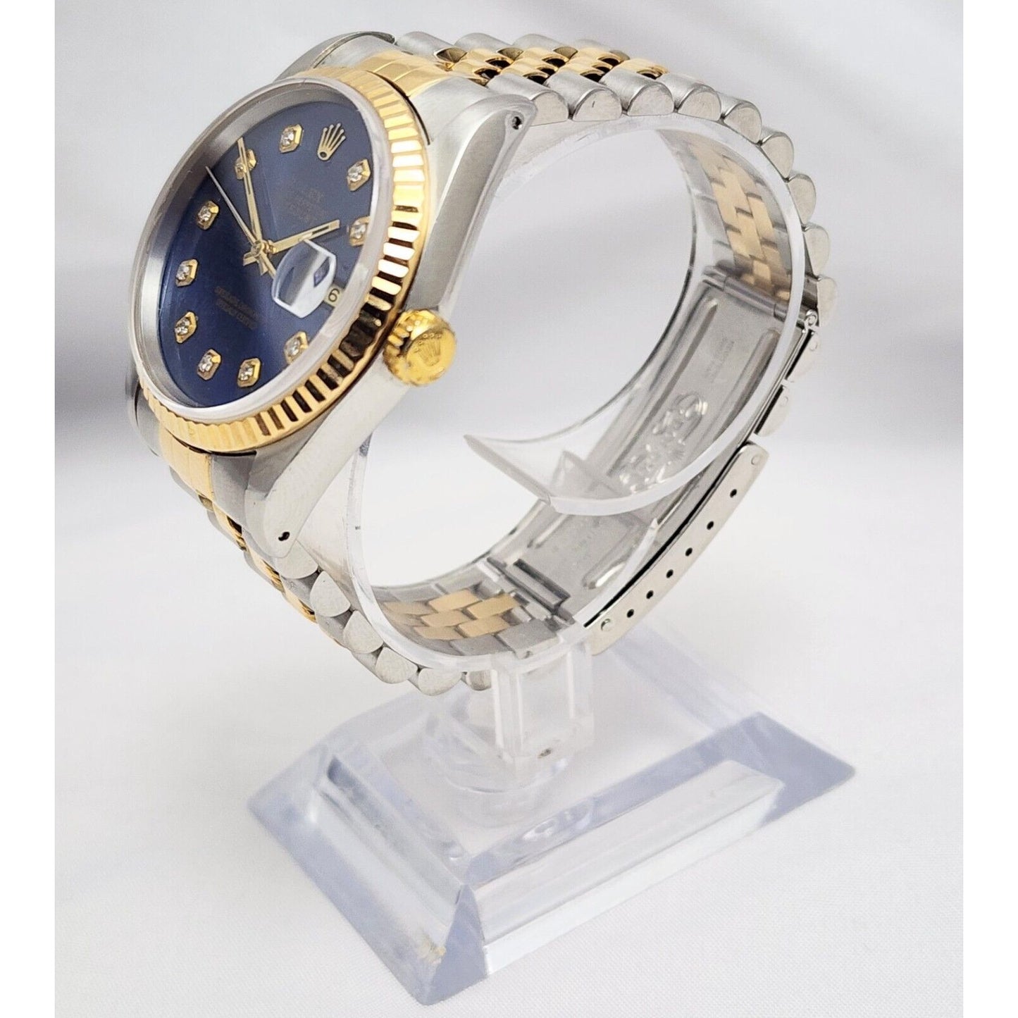1990 Rolex Datejust 36mm 16233 Navy Blue Diamond Dial Two Tone Jubilee Watch