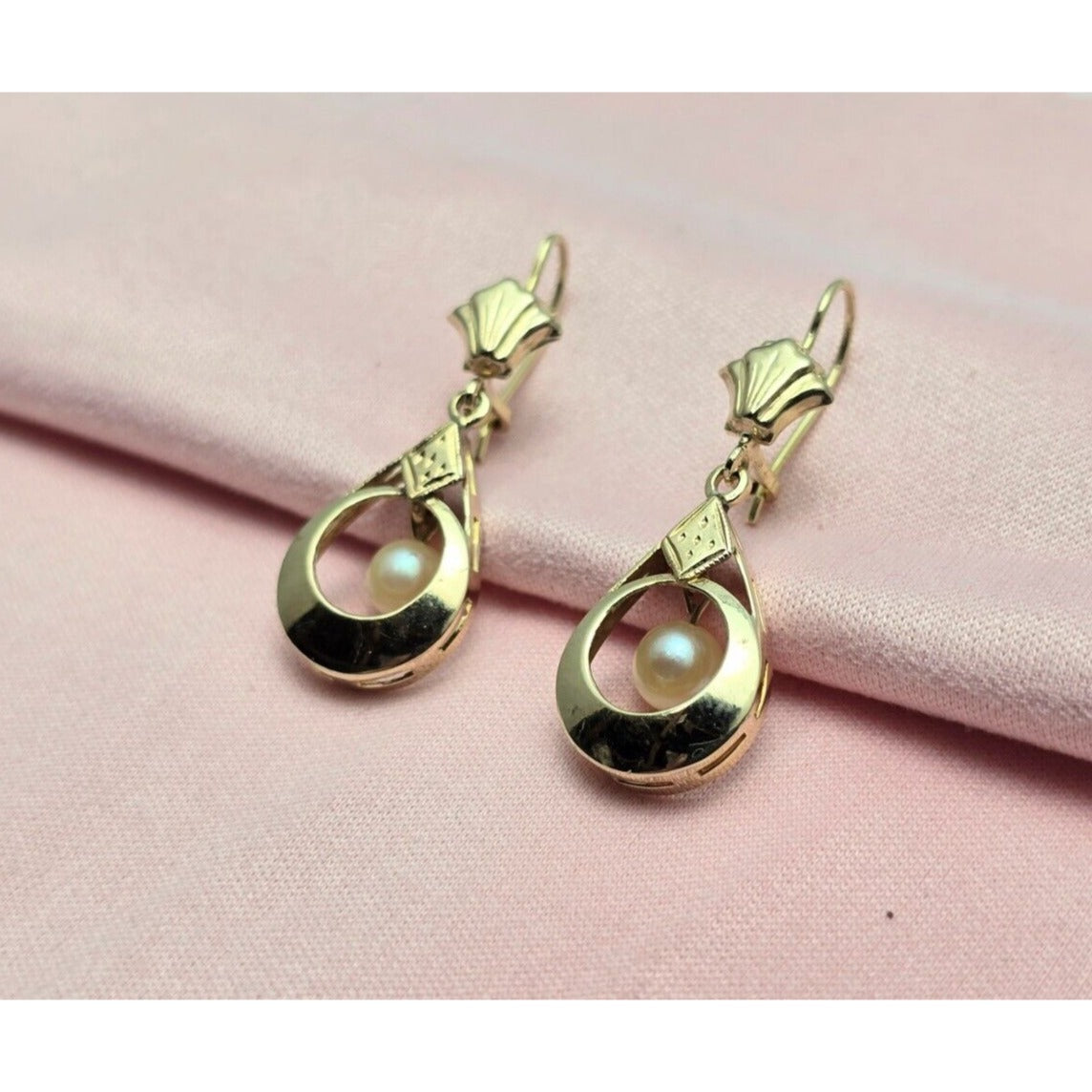 14K Yellow Gold Pearl Drop Dangle French Clip Earrings