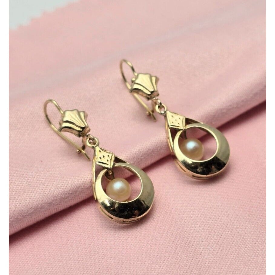 14K Yellow Gold Pearl Drop Dangle French Clip Earrings