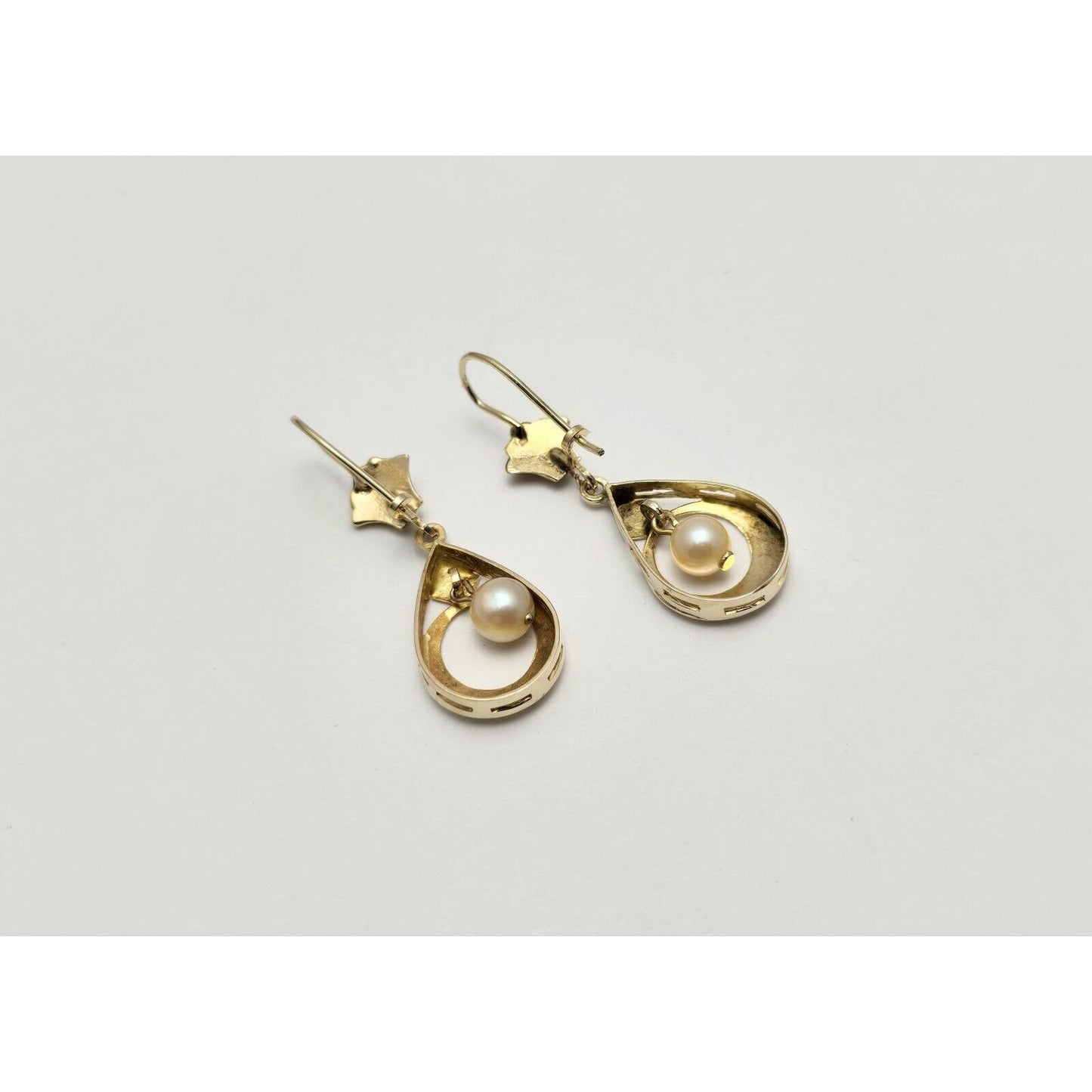 14K Yellow Gold Pearl Drop Dangle French Clip Earrings