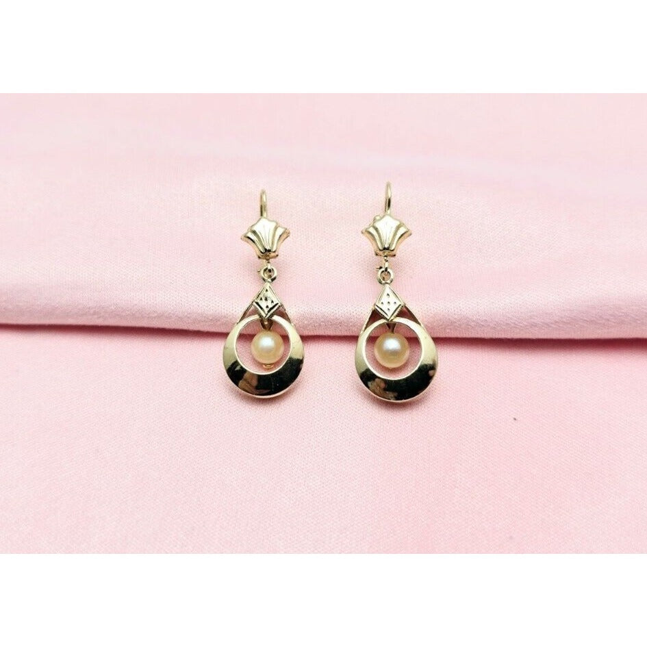 14K Yellow Gold Pearl Drop Dangle French Clip Earrings