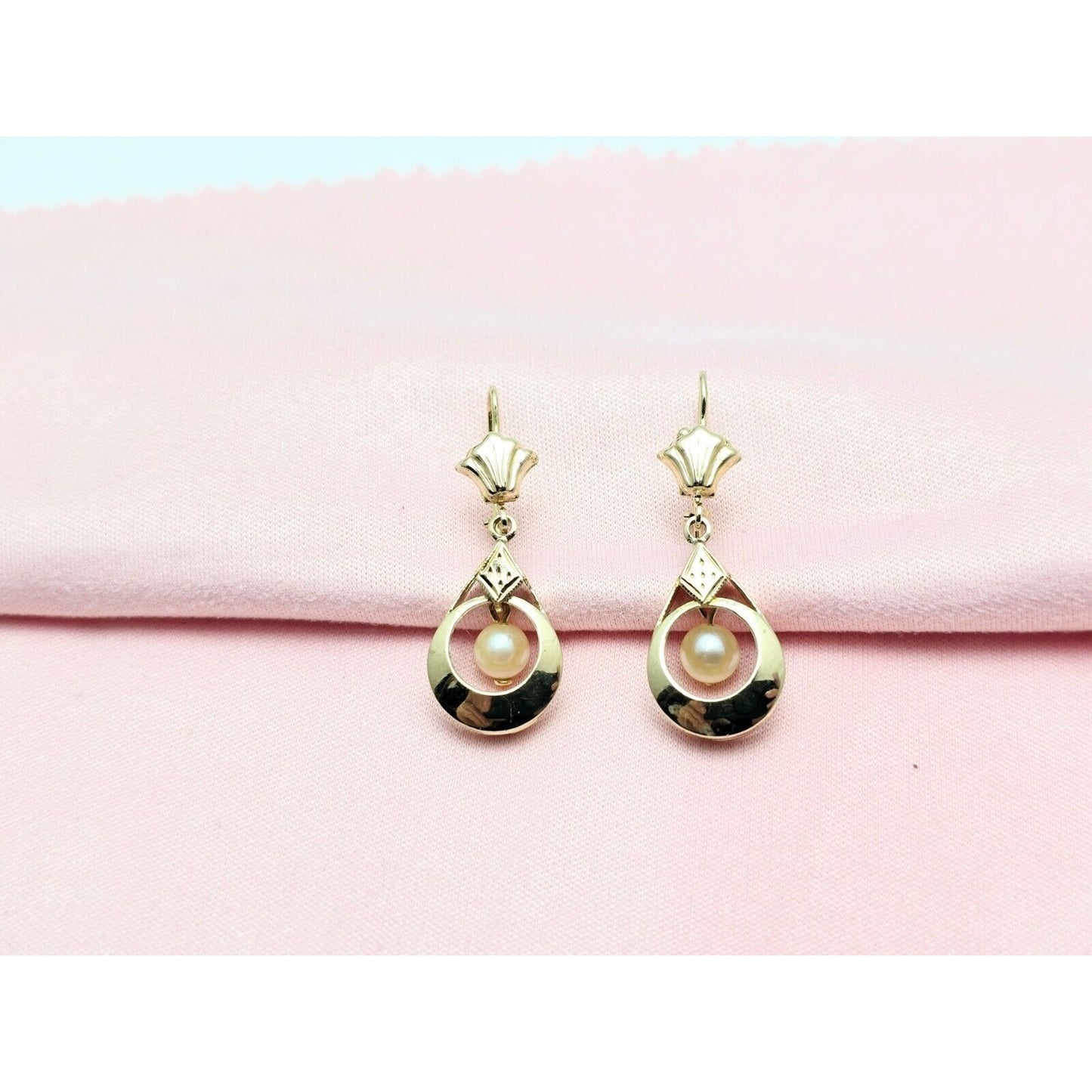 14K Yellow Gold Pearl Drop Dangle French Clip Earrings